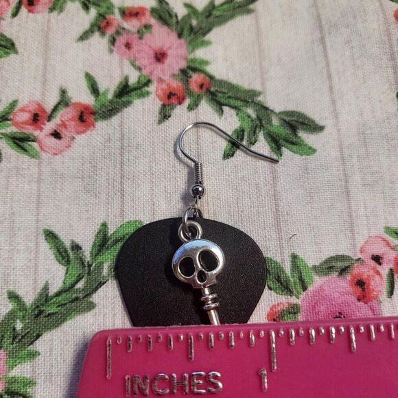 Guitar Pick Skeleton Key Dangle Earrings - Picture 6 of 6